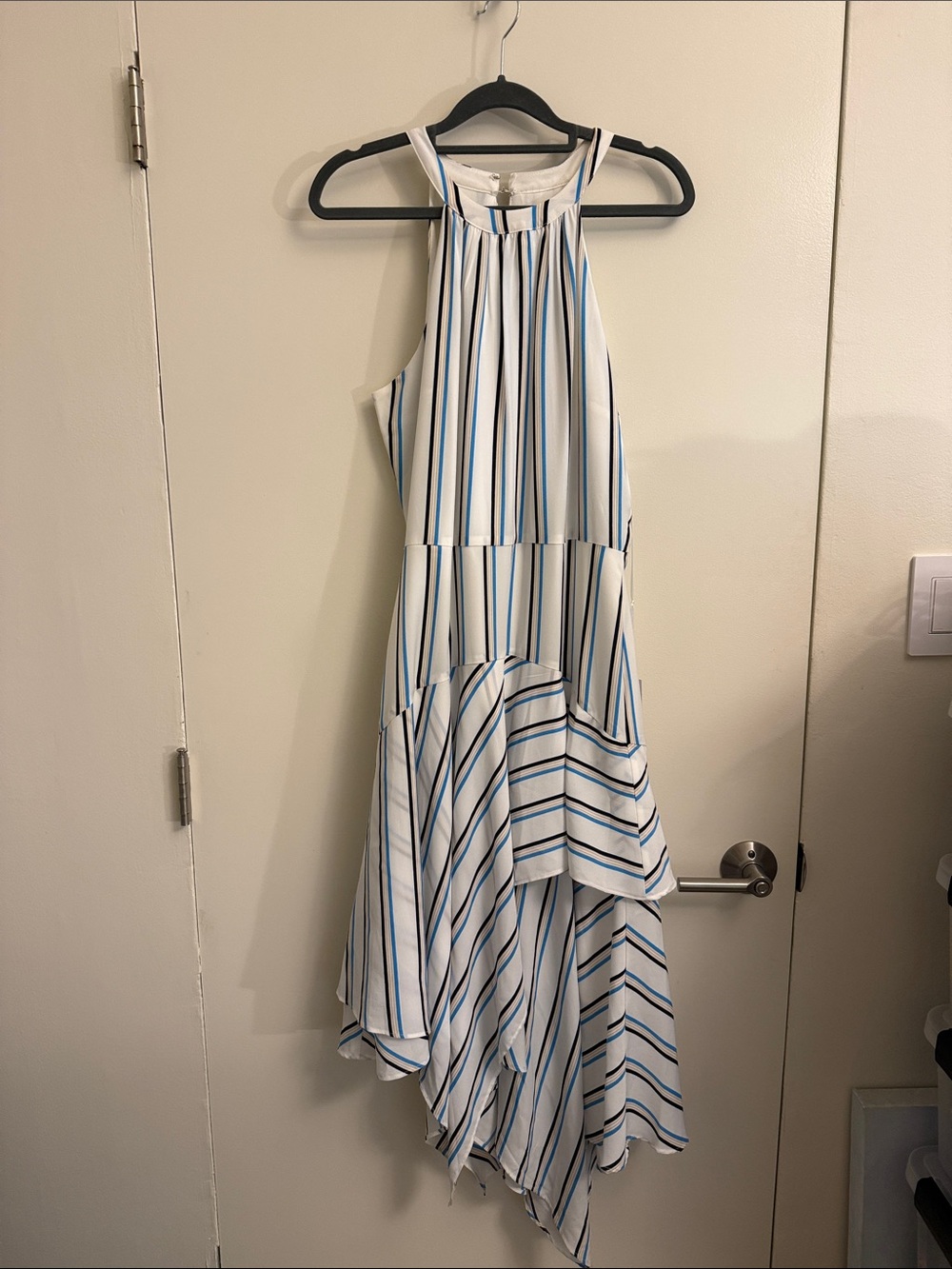 Adelyn Rae White Halter High-Low Dress with Blue Yellow and Black Stripes